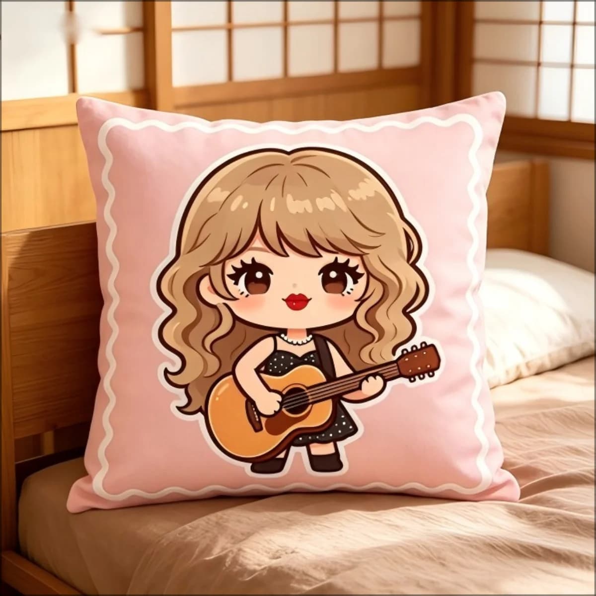 Fodera per cuscino decorativa con stampa di una ragazza Chibi carina con chitarra, custodia per cuscino decorativa morbida rosa per divano e camera da letto