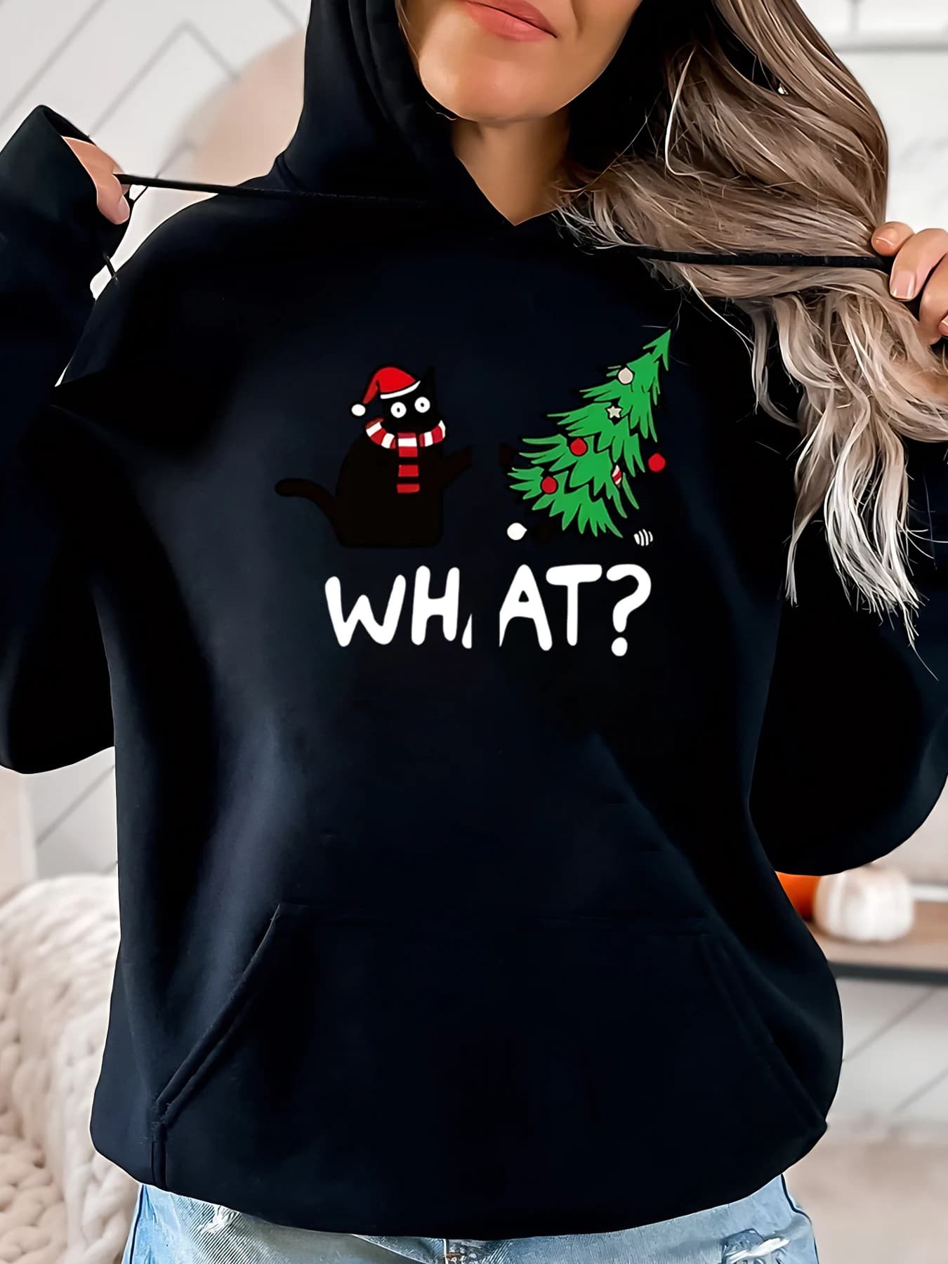 Felpa con cappuccio per gatti e albero di Natale What Holiday da donna Abbigliamento casual Nero Taglie forti