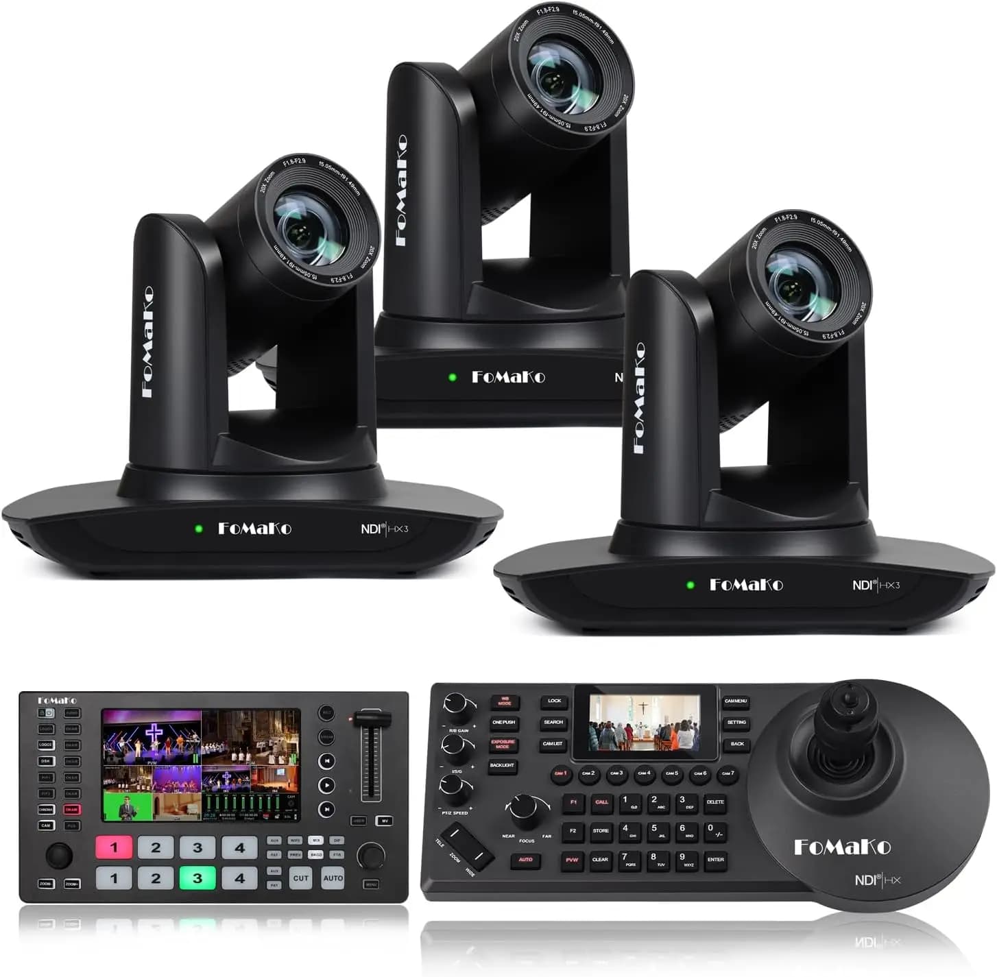 FoMaKo NDI Telecamera AI con tracciamento automatico Telecamera PTZ HDMI Zoom ottico 20x (3 pezzi), controller PTZ KC608N, visualizzazione video M3 per chiesa