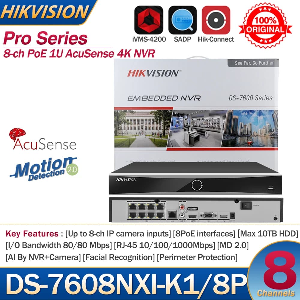 Hikvision NVR 8-ch PoE 1U AcuSense 4K NVR DS-7608NXI-K1/8P 8-ch ingressi per fotocamere videoregistratore di rete supporto per fotocamera di terze parti