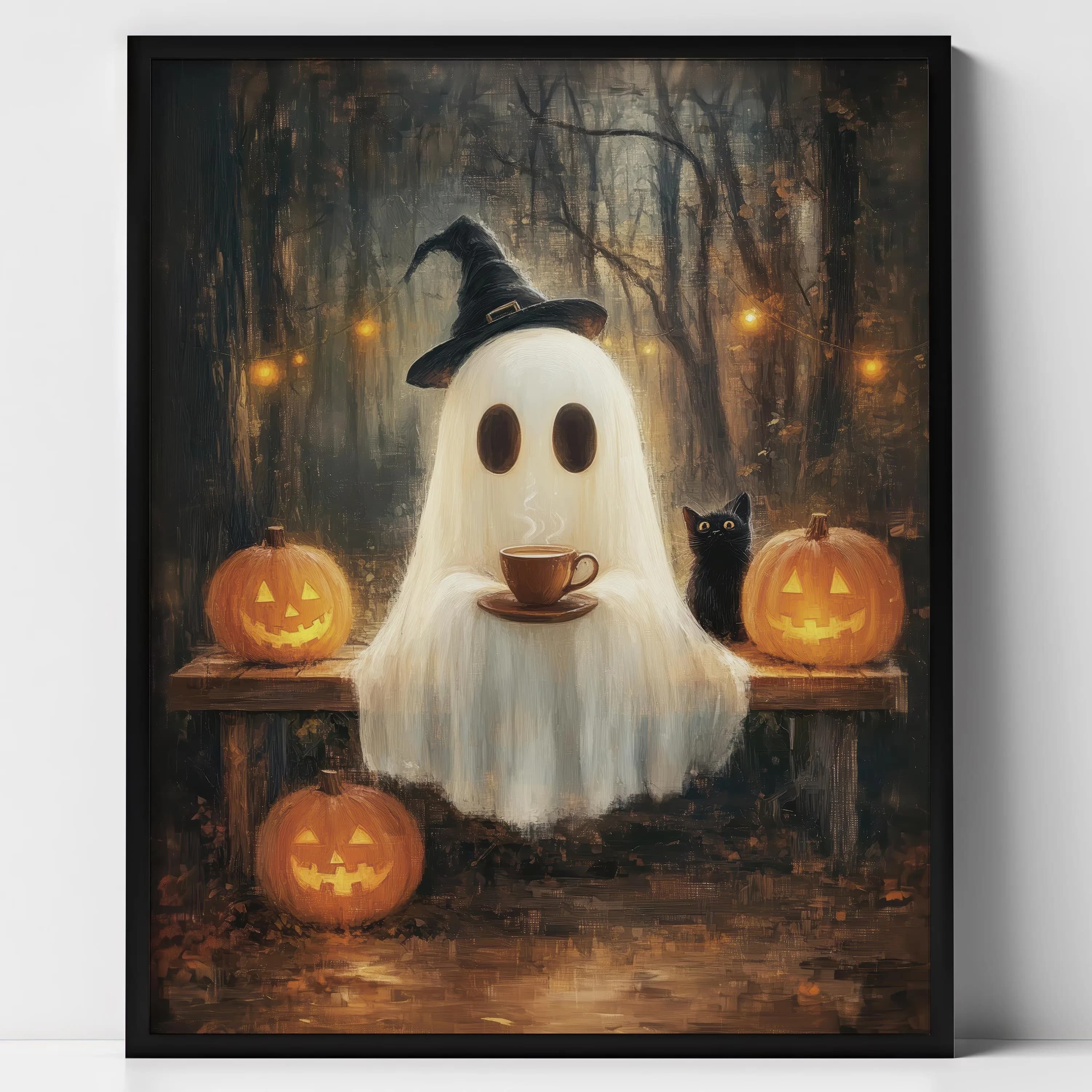 Stampa su tela con gatto fantasma nero carino che cavalca una scopa, fantasma che legge un libro, Jack-o'-lantern, poster artistico da parete per Halloween, decorazione autunnale per la casa, regalo