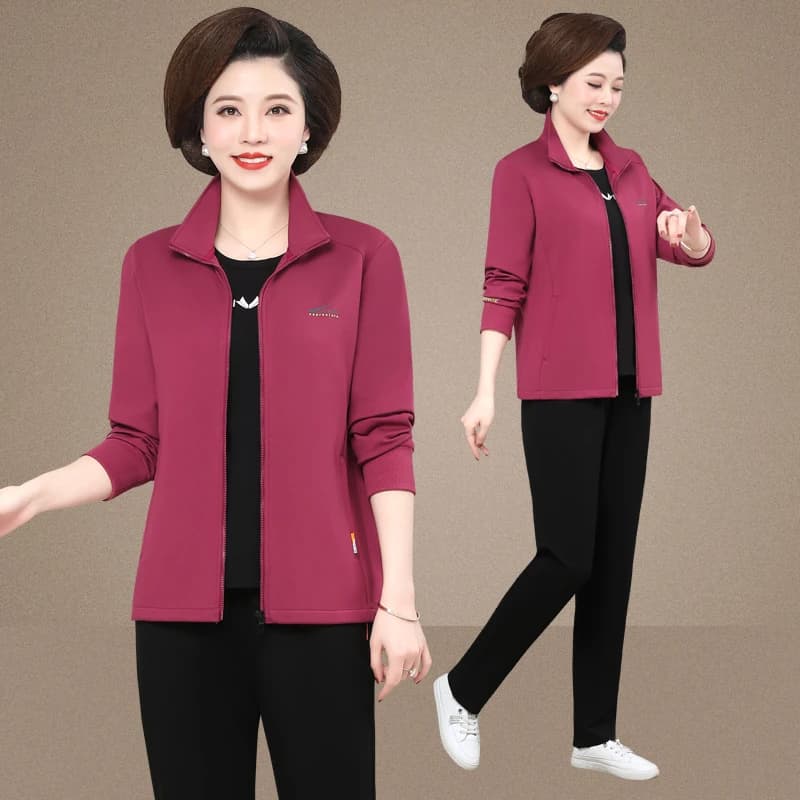 Women's Spring Sport Set, Complete Three Pieces for Ladies 40-50 Years, Casual Style with Zip Closure
