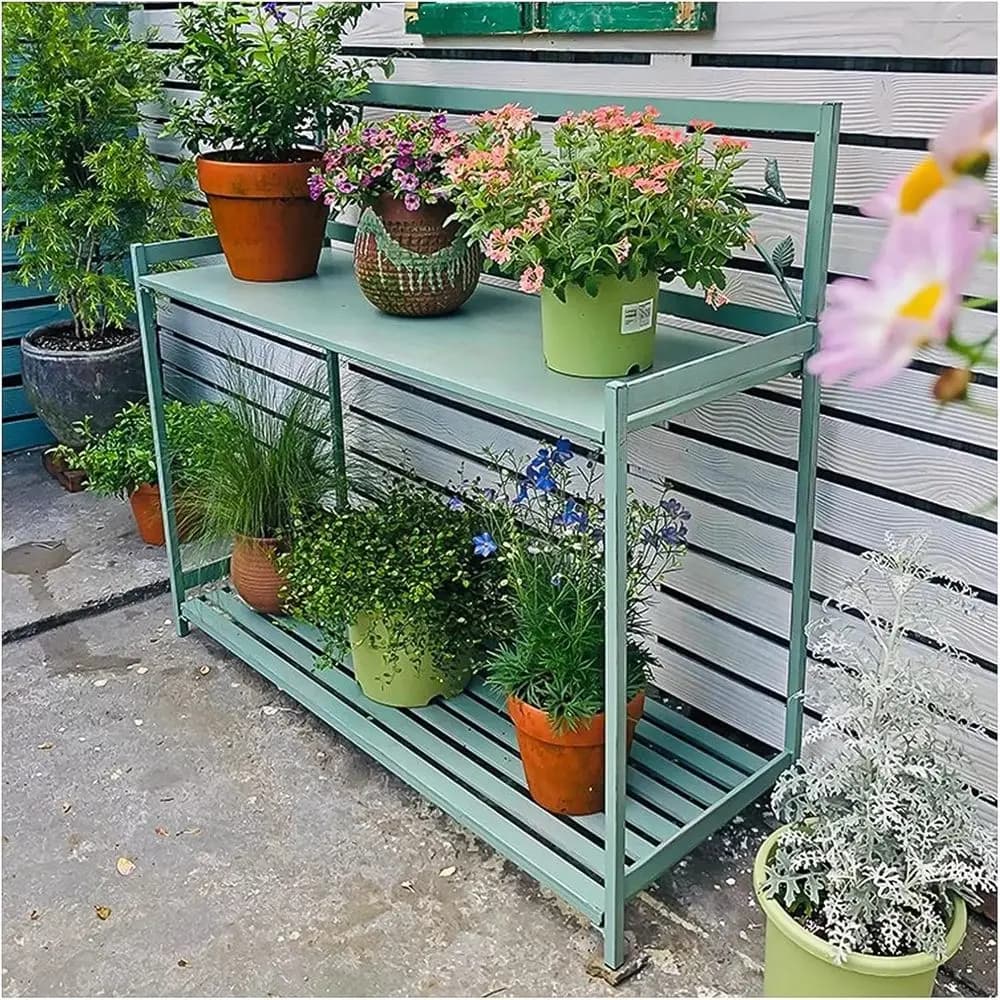 Banco da Giardinaggio in Metallo Verde a 2 Ripiani con Mensola Aperta, 126,5x45x115,5cm, Stazione per Piantare in Giardino