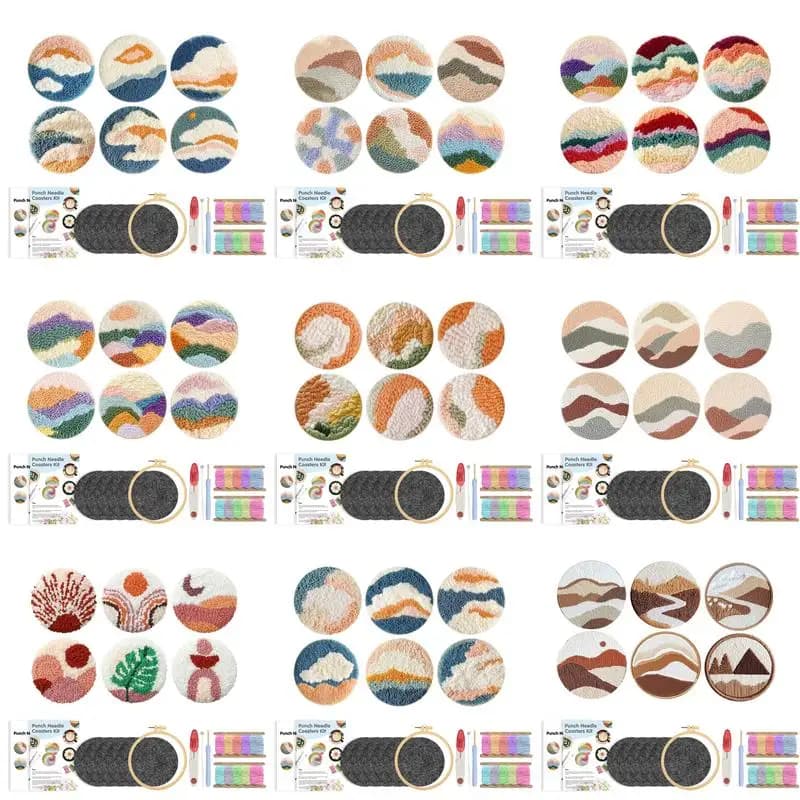 GATYZTORY 6PCS Scenery Pattern Embroidery Kit Punch Needle Coaster Set For Beginner Art Craft Punch Needle Supplies Tufted Coast