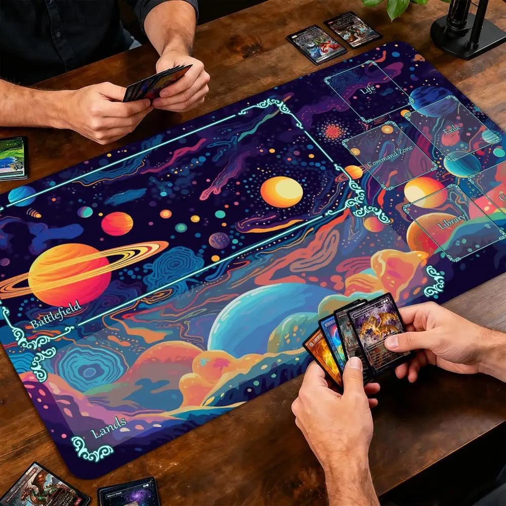 Tappetino da gioco MTG con base antiscivolo, motivo universo psichedelico a cartoni animati, per giochi di carte collezionabili (TCG)