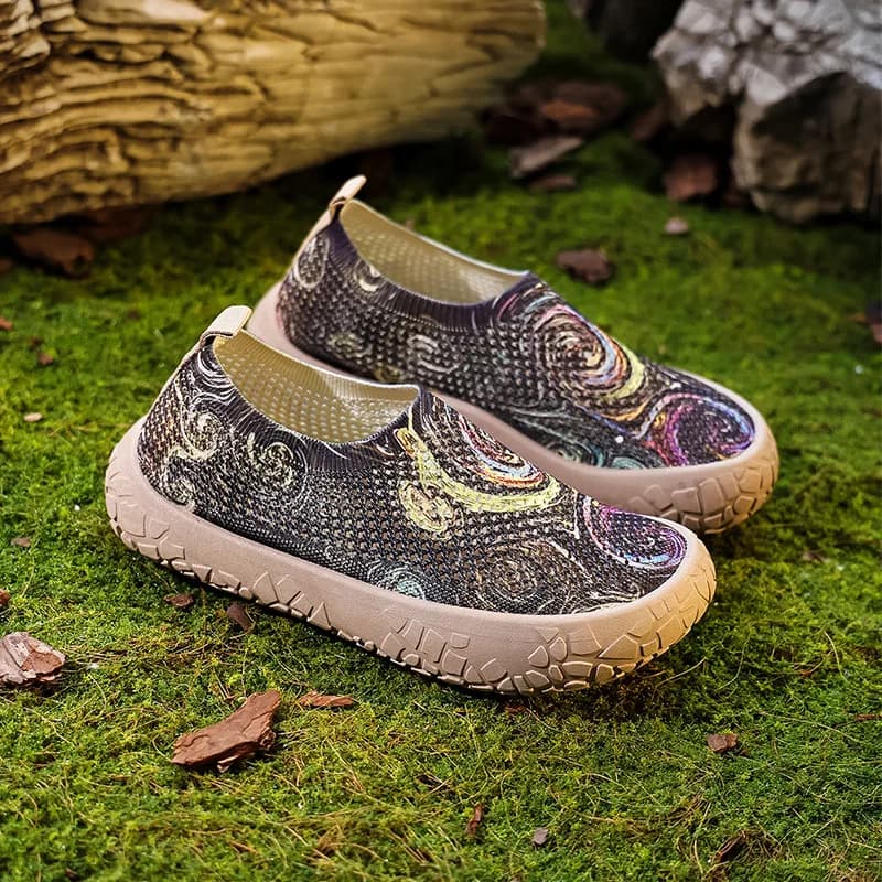 Women Slip On Printed Mesh Flat Shoes Breathable Lightweight Non-slip Sole Abstract Pattern Casual Walking Loafers