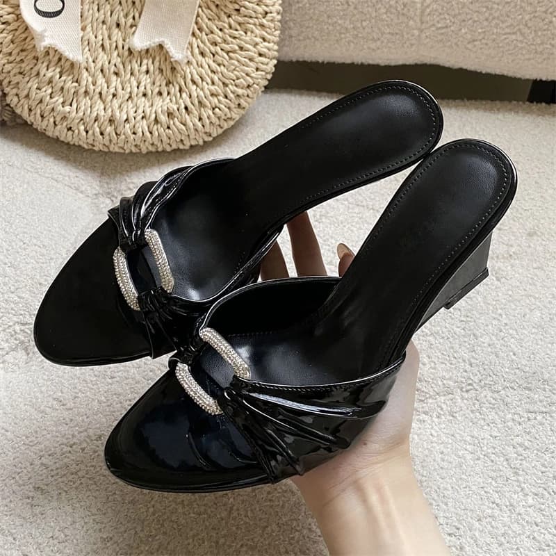 Eilyken Fashion Pleated CRYSTAL Square Buckle Patent Leather Women Slippers Designer Wedges High Heels Party Shoes