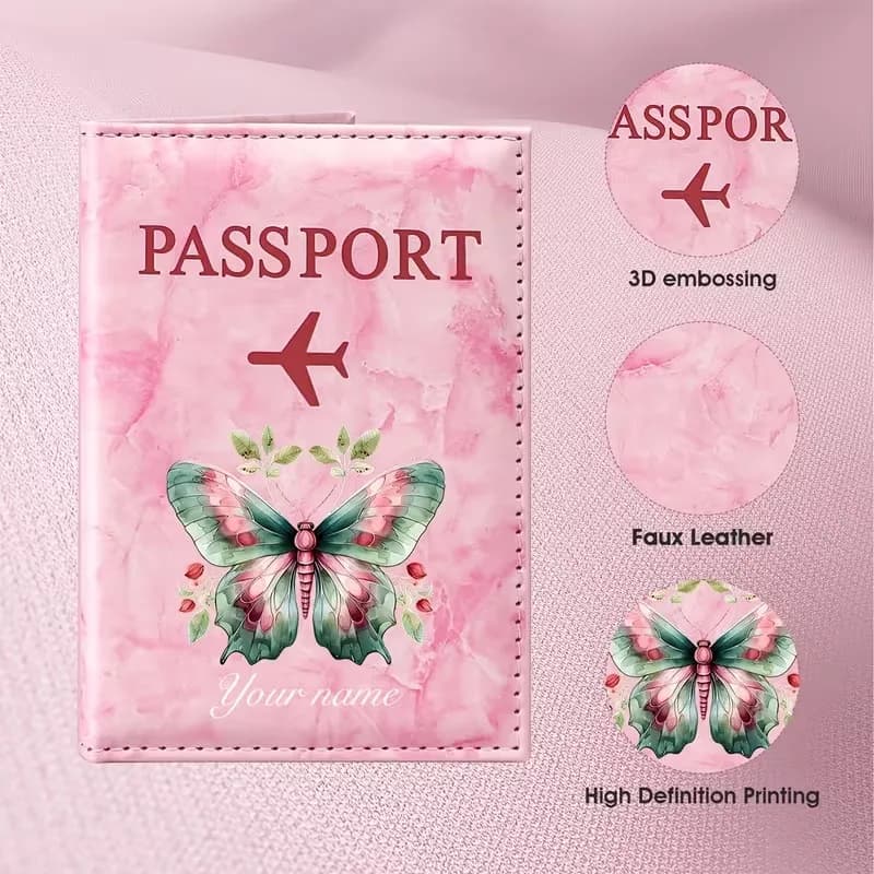 Custom Name Butterfly Floral Art Design Passport Holder, Featuring a Blend of Pink Butterflies and Green Leaf Floral Patterns