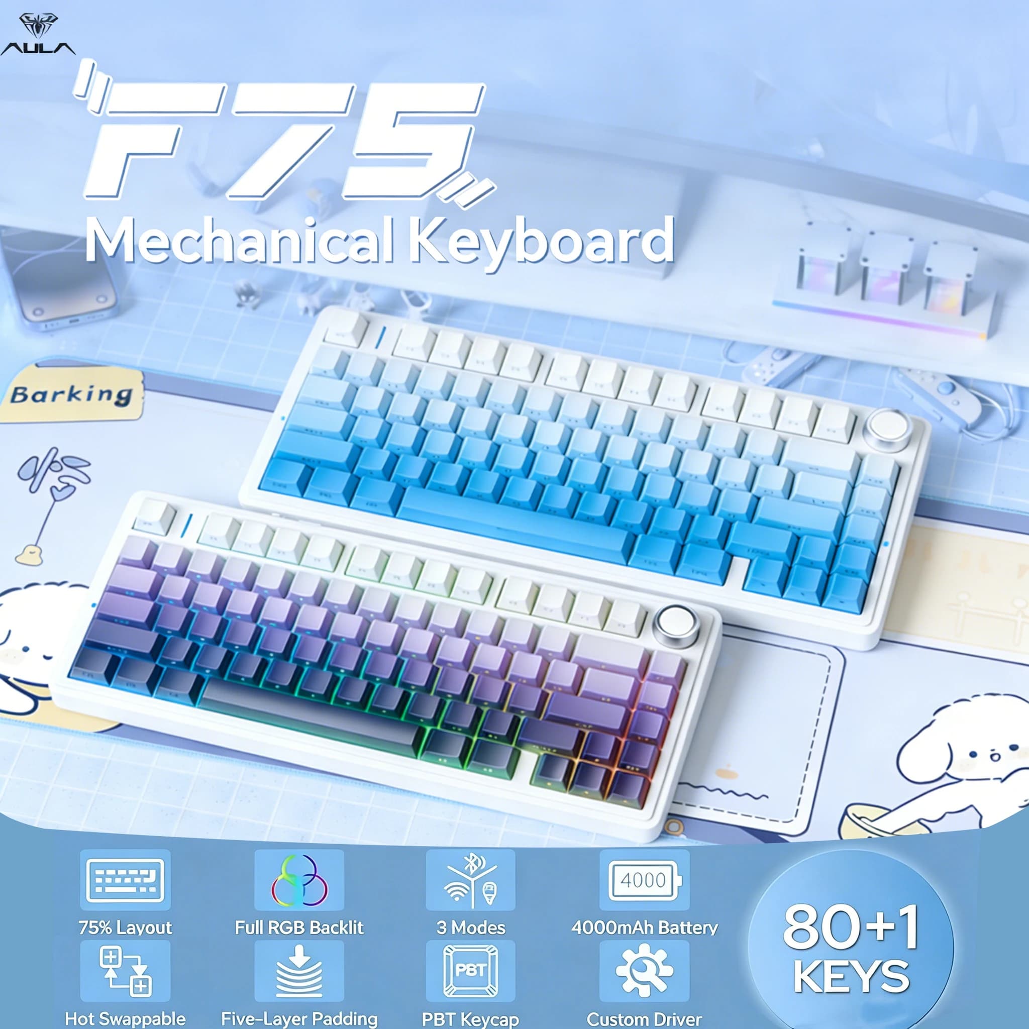F75 75% Wireless Mechanic Keyboard with Control at Manopola, Pre-Lubrified RGB Switch Hot-Swappable, Tri-Mode Gaming Keyboard for PC
