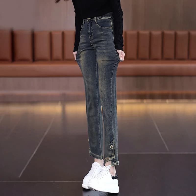 Jeans vintage grigio cemento da donna, pantaloni dritti slim foderati in pile autunnali, pantaloni Harem casual