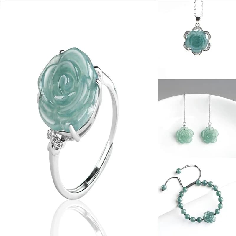 Set di gioielli con rosa di vera giadeite blu, anello, orecchini, collana con ciondolo, talismani di pietra di giada birmana naturale fortunata