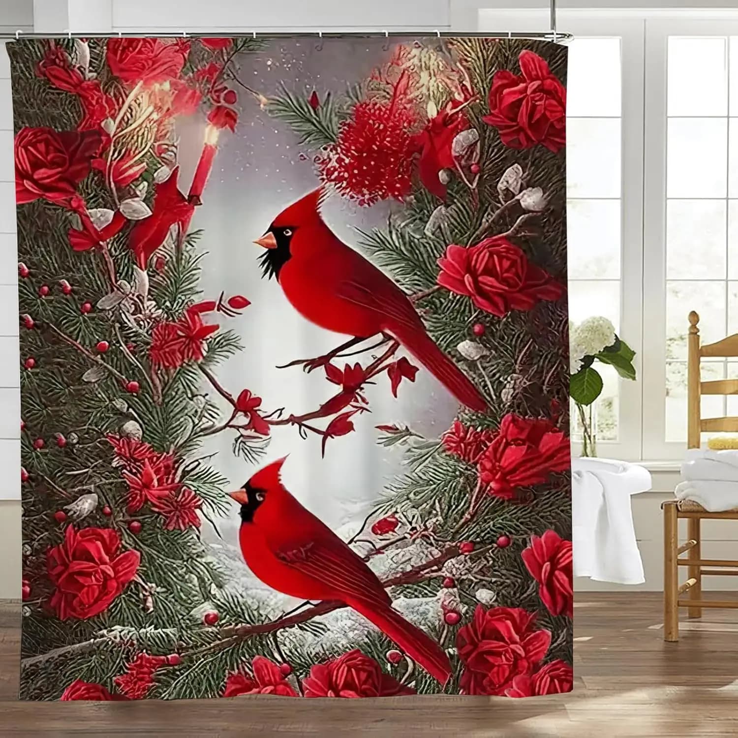 Tenda da doccia cardinale Tenda da doccia per uccelli rossi Tessuto impermeabile Tenda rustica per la decorazione del bagno di casa con ganci 60 "x 72"