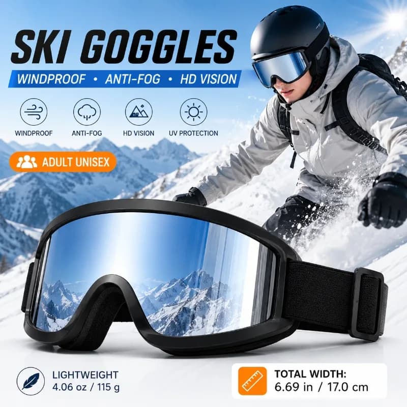 Adult Ski Goggles Windproof Outdoor Sports Glasses HD PC Lens Adjustable Strap for Snowboarding Motorcycle Riding Hiking Gear