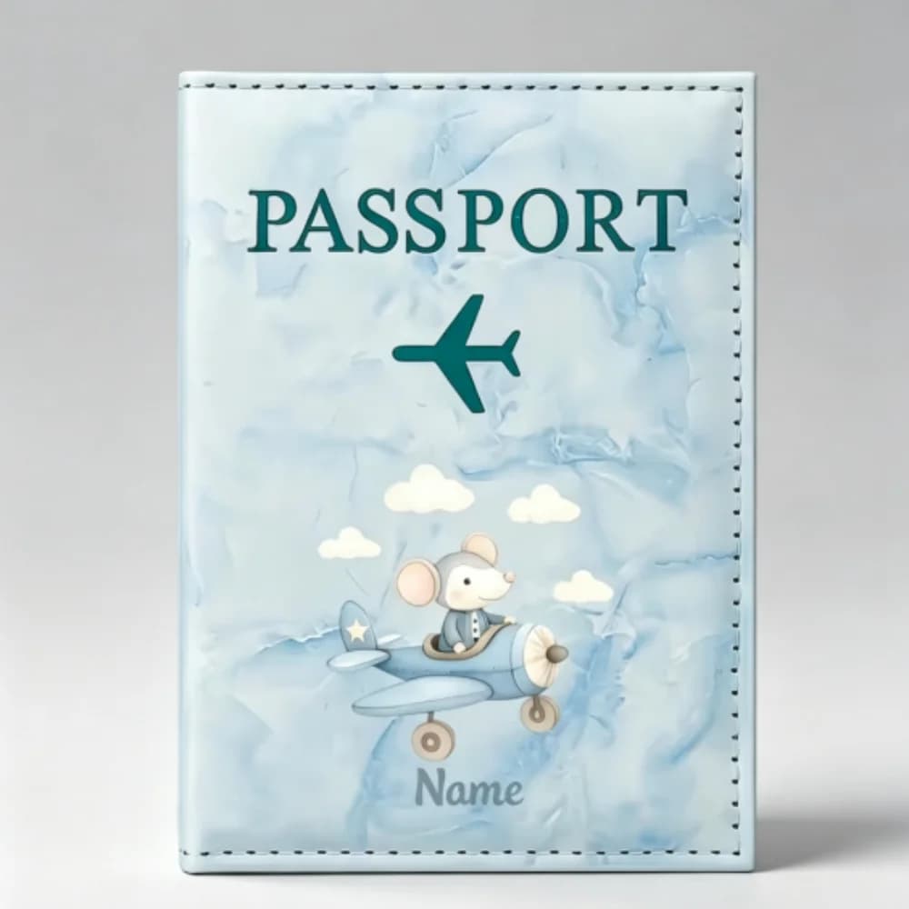 Custom Name Cartoon Mouse Flying Airplane PU Passport Holder, Flying Adventure Travel Design Christmas Gifts for Family Members