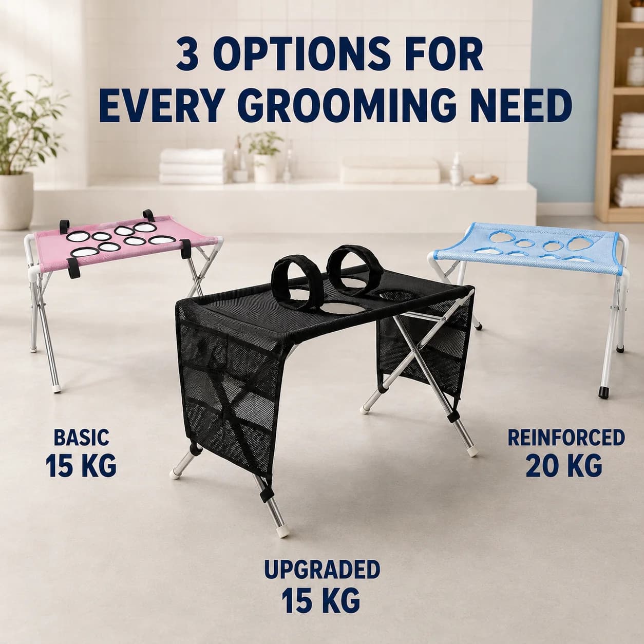 Dog Grooming Table Foldable Pet Bathing Support Stand Mesh Washing Station with Four Leg Holes and Storage Pockets for Dogs