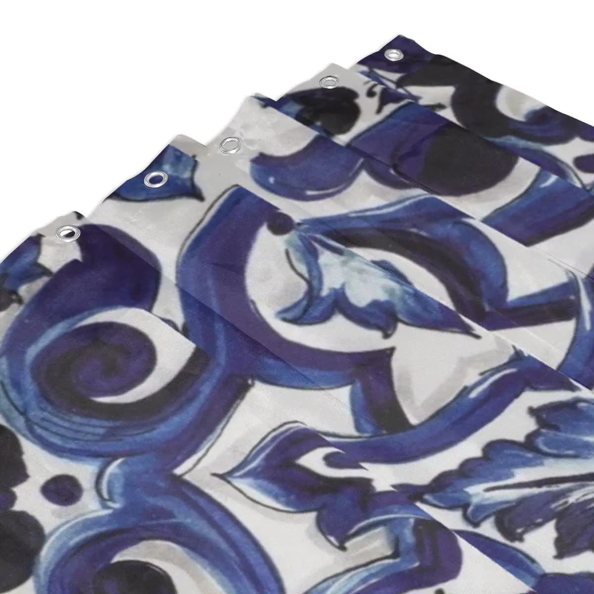 Tenda da Doccia Blu con Motivi Floreali Ornamentali in Stile Mediterraneo Siciliano, Tenda da Bagno in Poliestere Impermeabile con Ganci