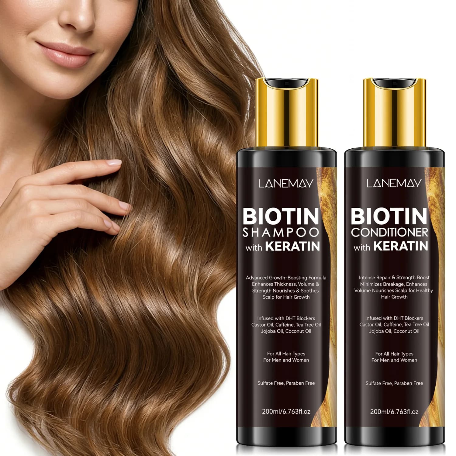 Set Shampoo and Balm to Biotin and Cheratina | For growth, thickness and strength of hair | Without Sulphates and Parabens, 200ml Each