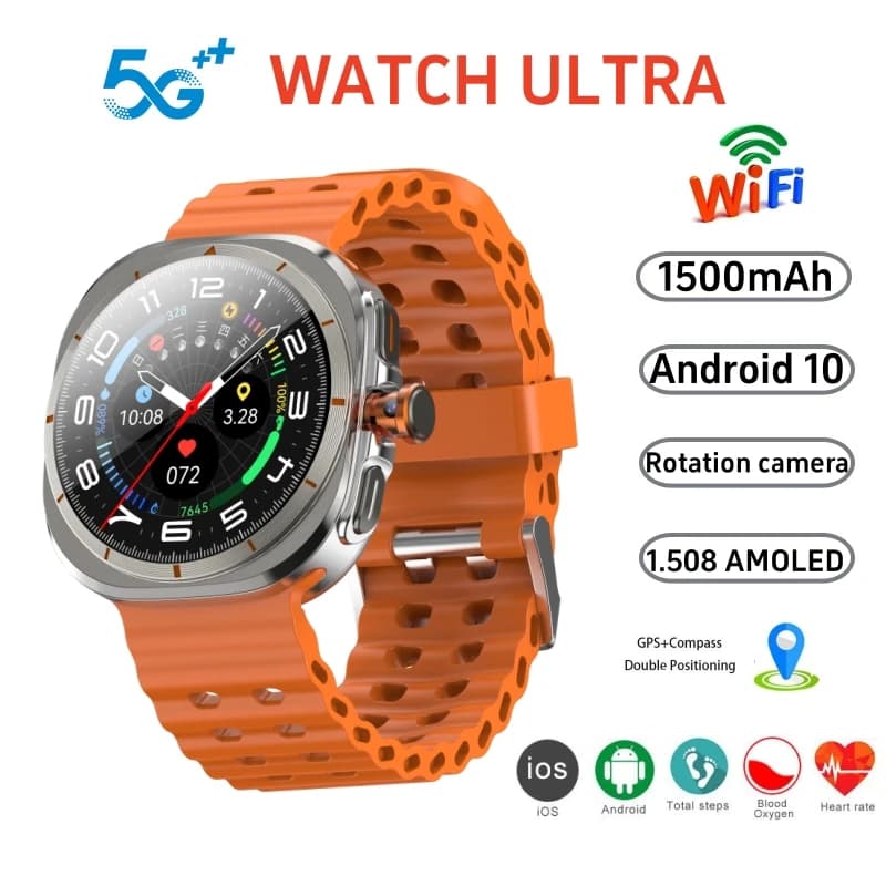 Smartwatch Ultra Android 10.0 with Video Call, SIM 4G/5G, GPS, WIFI, Rotating Camera, Global Calls, Battery 1500mAh