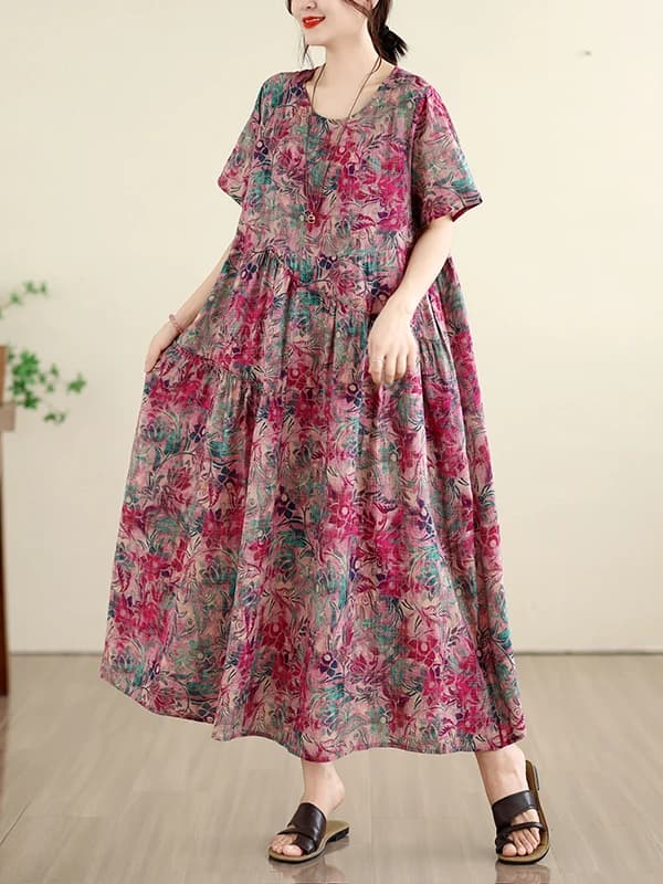 Retro Floral Cotton Lin Loose Fit round Neck Short Sleeve Dress Women Summer 2026 New Style Slimming Large Skirt A-Line Dress