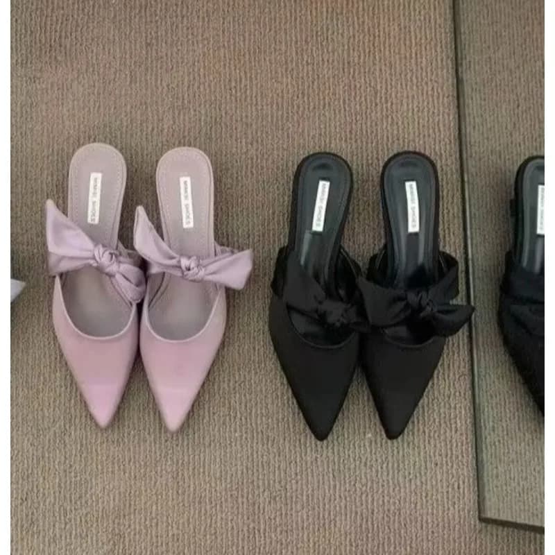 Mezze pantofole in raso con fiocco a punta Pantofole estive da donna francesi eleganti Slip on Pantofole con punta chiusa e tacco basso Zapatos De Mujer