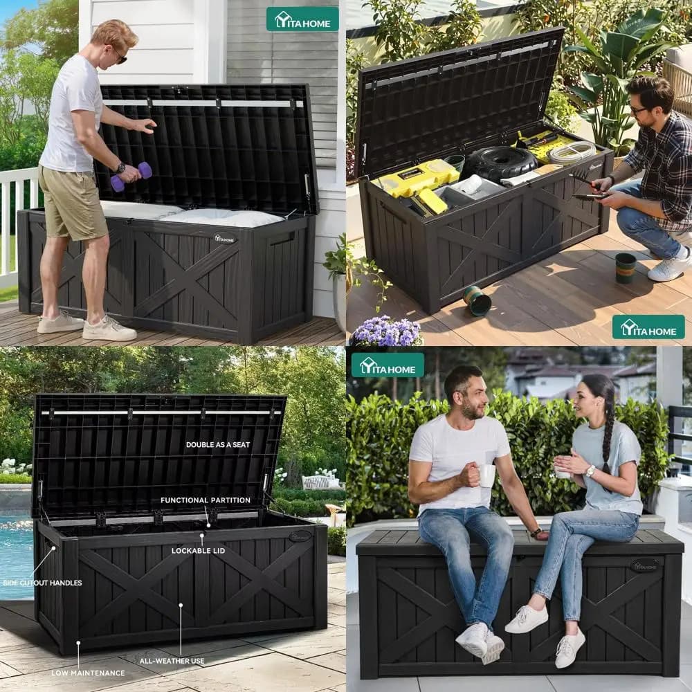 Grande Contenitore da Esterno da 150 Galloni, Box Portaoggetti in Resina Impermeabile con Cuscino, Chiudibile a Chiave, Nero