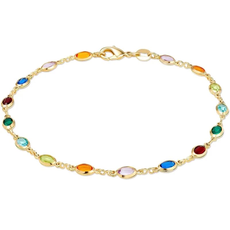 Bracciale cavigliera baguette in cristallo multicolore placcato oro 18 carati per donne ragazze Boho Summer Beach Foot Jewerly 22 cm / 8,7 "