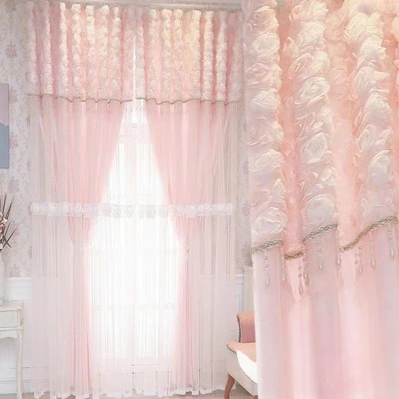 New Korean Princess Style Pink Warm Blackout Curtains for Living Room Bedroom Double Layer Lace Finished Bay Window