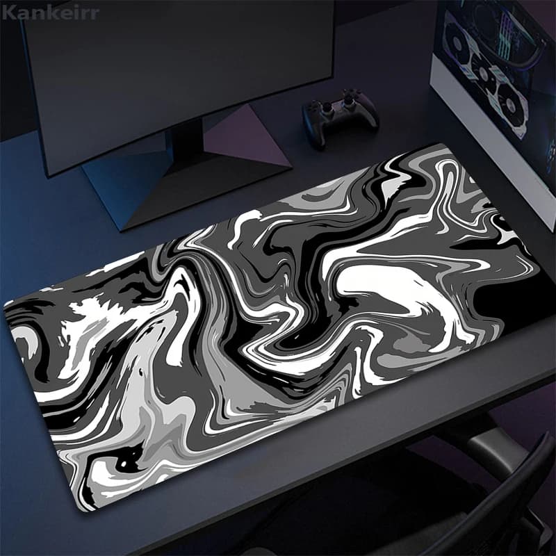 Tappetino per Mouse da Gaming Strata Liquid XXL 50x100cm Nero Bianco Grande Tappeto da Scrivania in Gomma per Giocatori