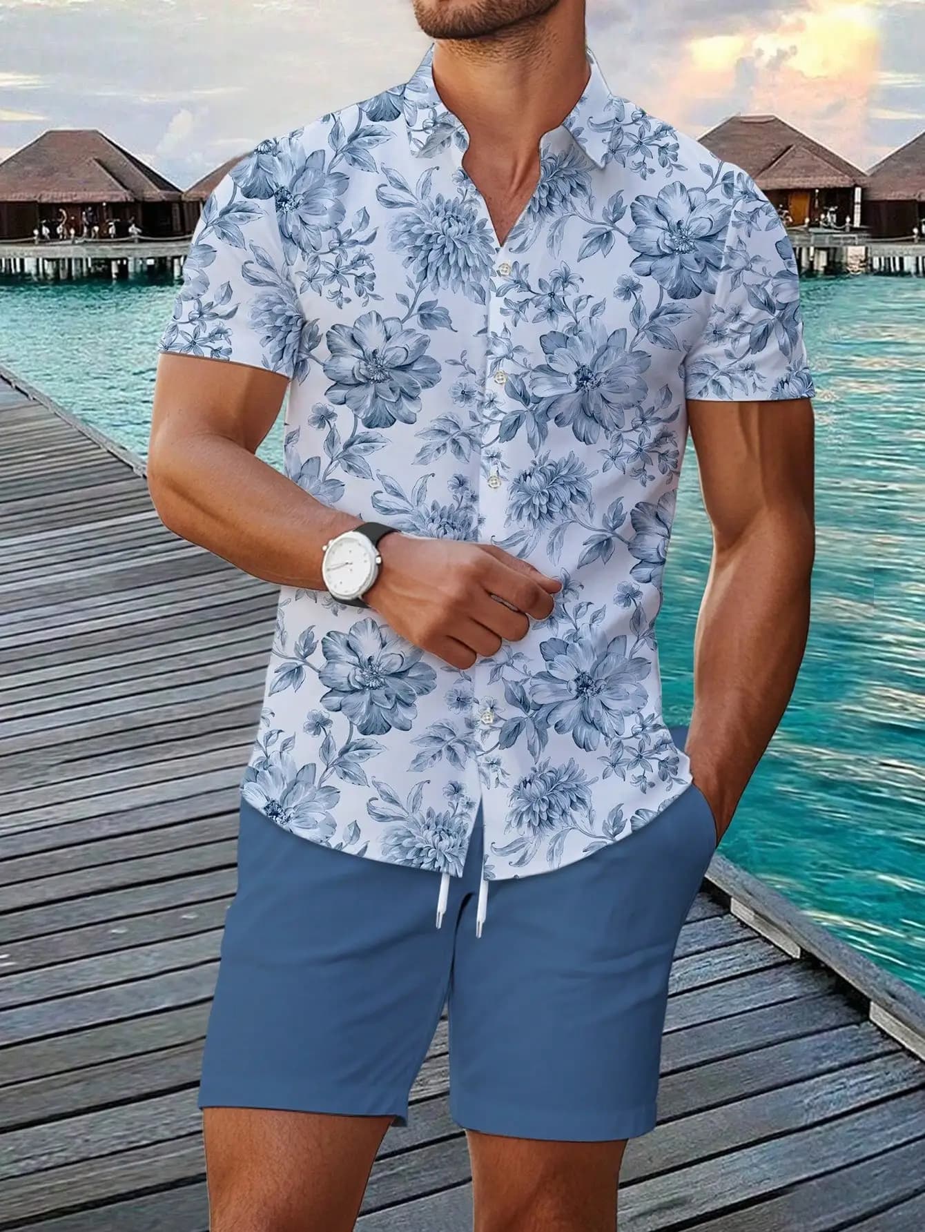 Set di camicia e pantaloncini da uomo con stampa floreale a maniche corte, outfit casual per le vacanze estive