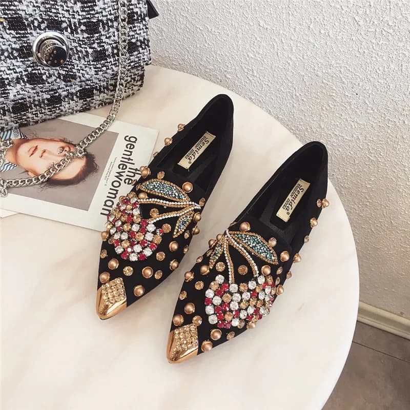 Nuove Ballerine da Donna 2025 con Punta Affusolata, Strass e Borchie, Scarpe Classiche Autunnali, Mocassini Morbidi