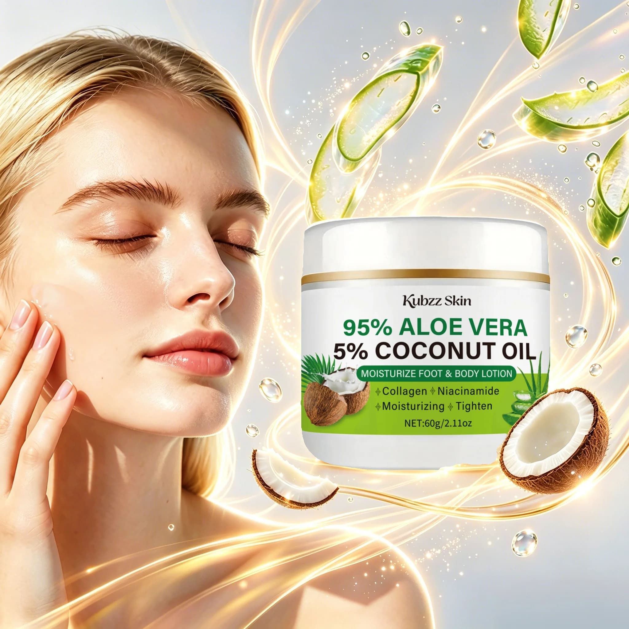 Aloe Vera & Coconut Moisturizing Cream, Containing Collagen, Hyaluronic Acid, and Niacinamide, Deeply Hydrates.