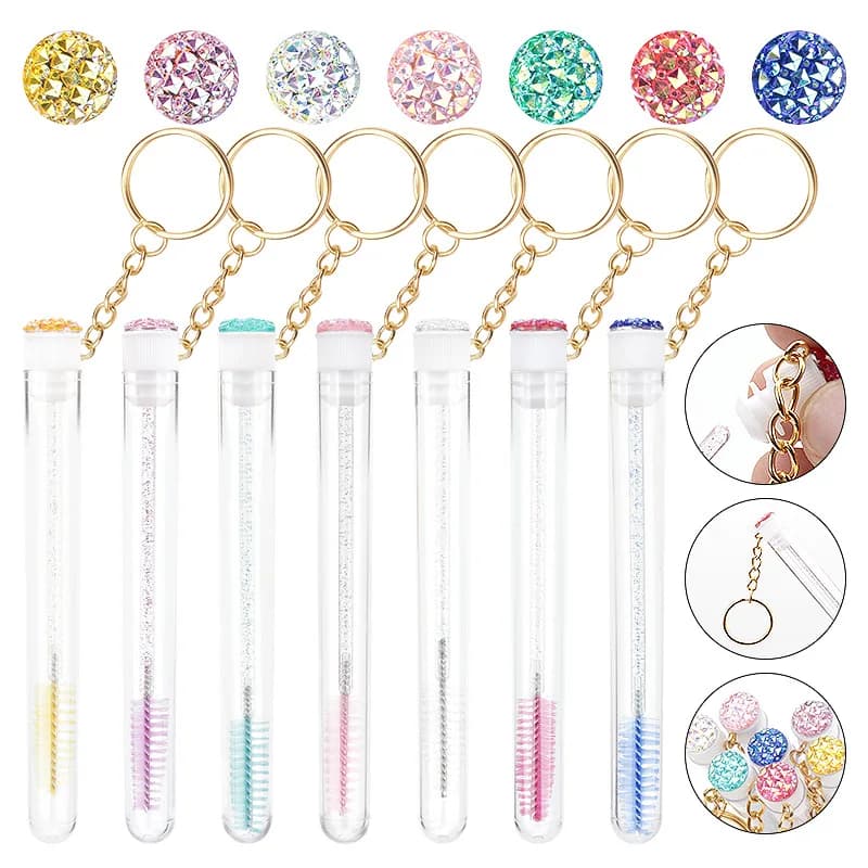 Container with micro comb for extension eyelashes, glitter applicator for mascara woman, 10 pieces, tube with toothbrush and golden keychain, make-up tools