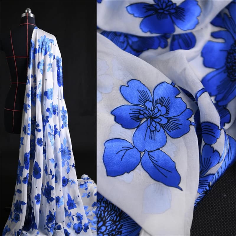 Classic Chinese Style Blue and White Porcelain Printed Designer Handmade DIY Women's Dress Made of 100% Silk Fabric By Meter