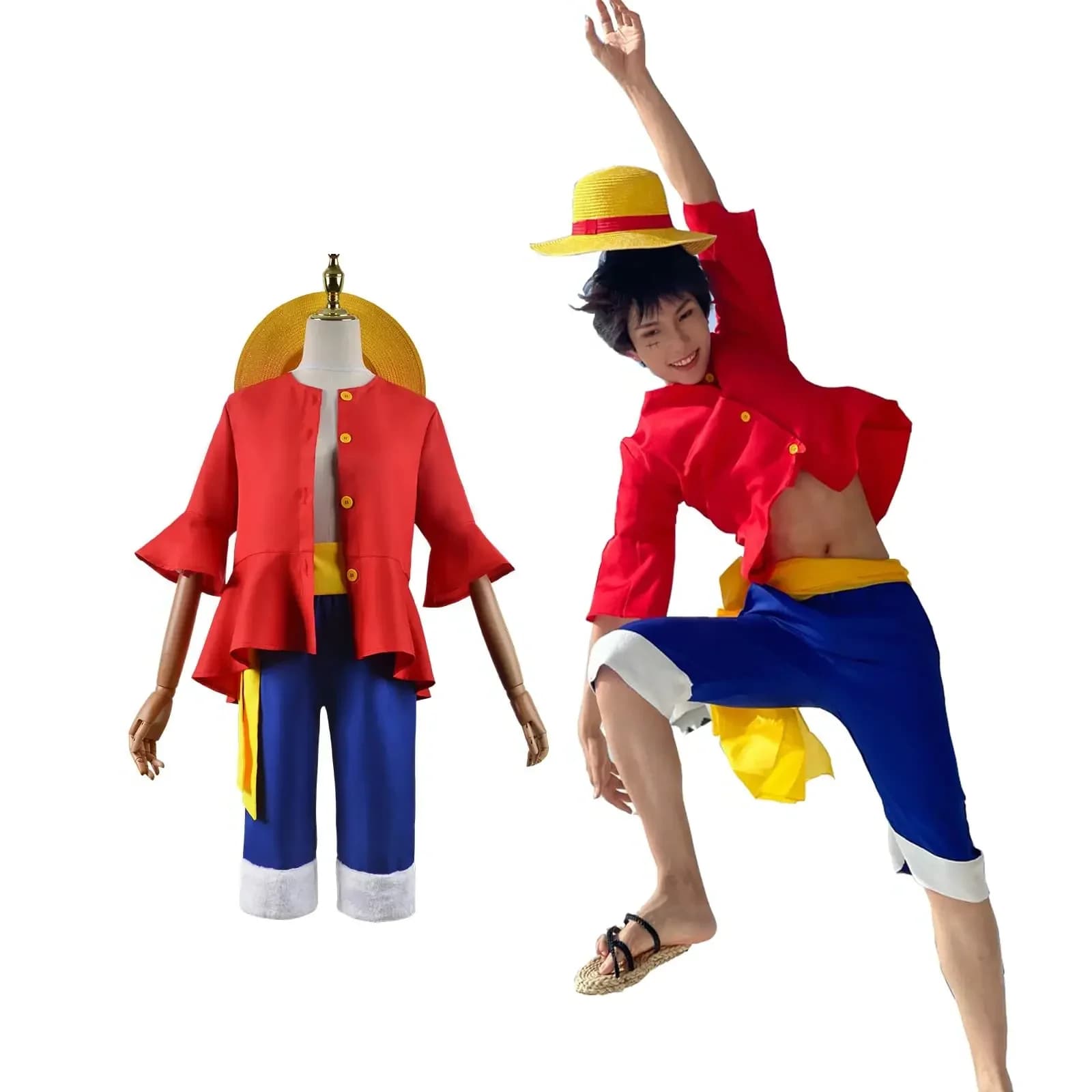 Costumi Cosplay Anime Monkey D. Luffy ONE PIECE Sun God Luffy, Abiti Rossi con Cappello, Costume di Halloween e Carnevale per Adulti e Bambini