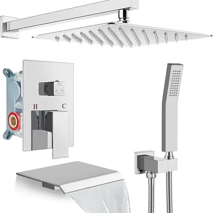 Sistema Doccia Incassato in Ottone con Getto e Spruzzo Massaggiante, Soffione a Pioggia da 10 Pollici, Set Nero Opaco a Doppia Maniglia per Bagno di Lusso