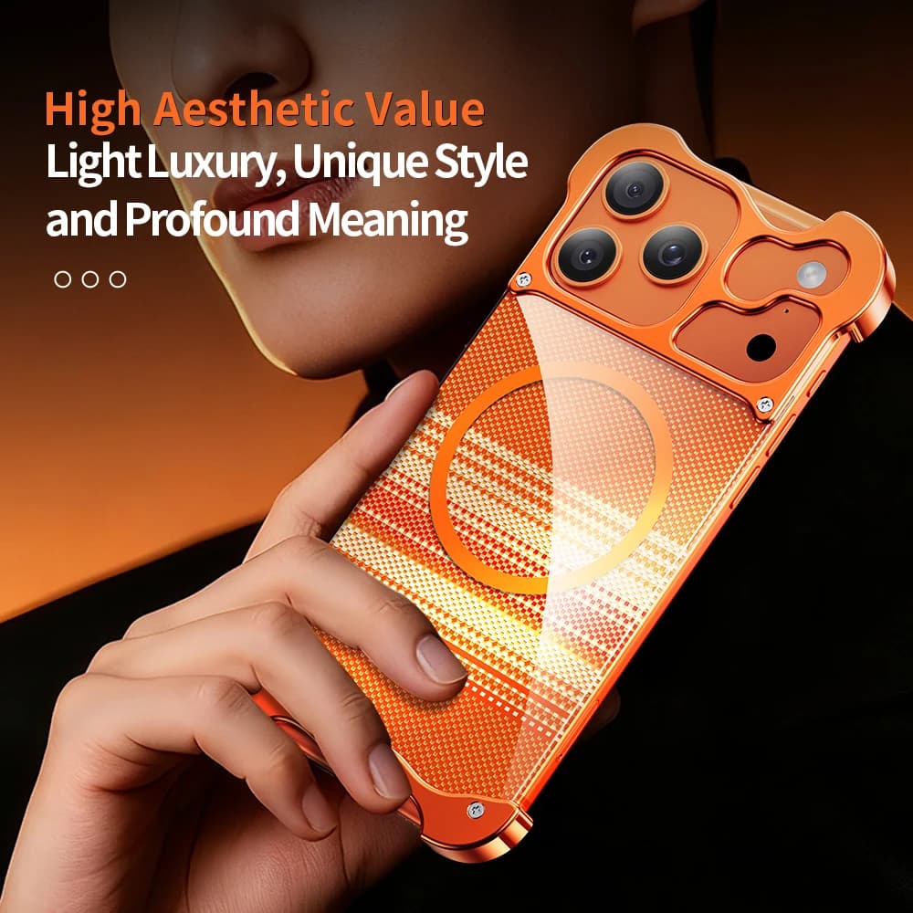 Custodia senza cornice con angoli irregolari in lega metallica per iPhone 17 Pro Max Cover posteriore in plastica lucida senza bordi magnetica senza bordi