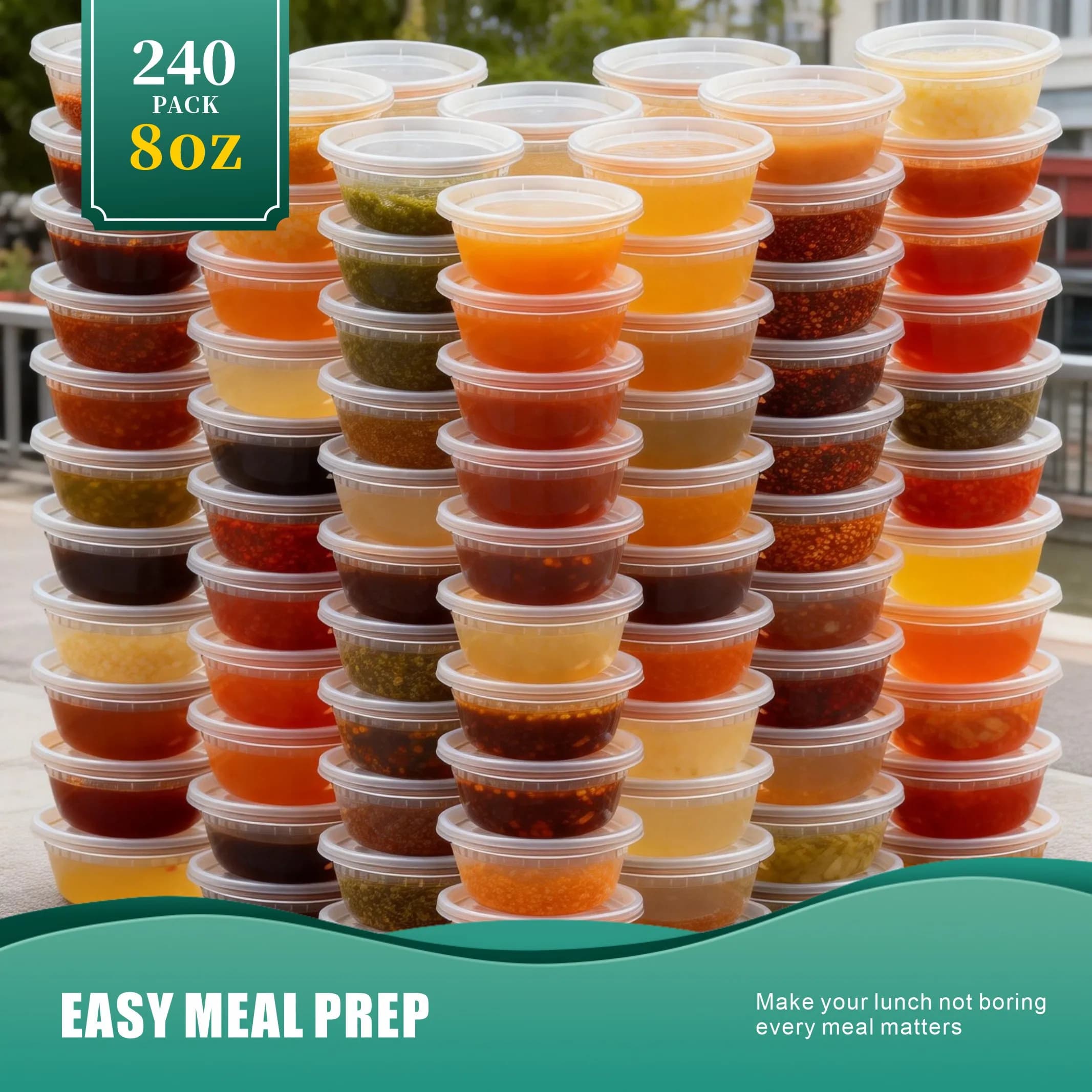 Confezione da 240 contenitori da 8 once con coperchi ermetici, contenitori per alimenti in plastica resistente per asporto, salse, condimenti e accompagnamenti, ideali per ristoranti, catering, preparazione dei pasti e cucina domestica, adatti al microonde, lavabili in lavastoviglie, adatti al congelatore