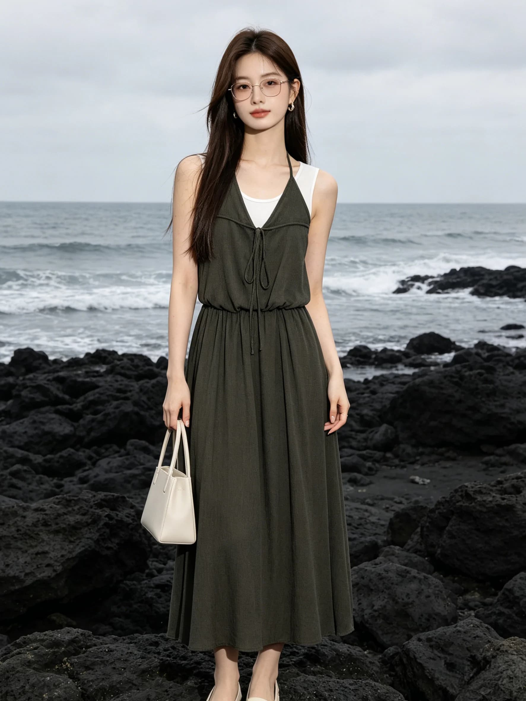 Summer Vacation Style Women's A-Line Dress Sleeveless Waist-Cinching Slimming Midi Skirt Breathable Comfortable Korean Fashion