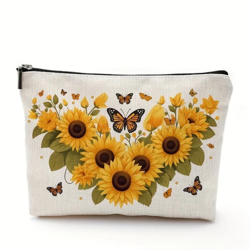 Una borsa per il trucco girasole e farfalla: carina borsa multifunzionale con cerniera per donna, borsa per riporre gioielli