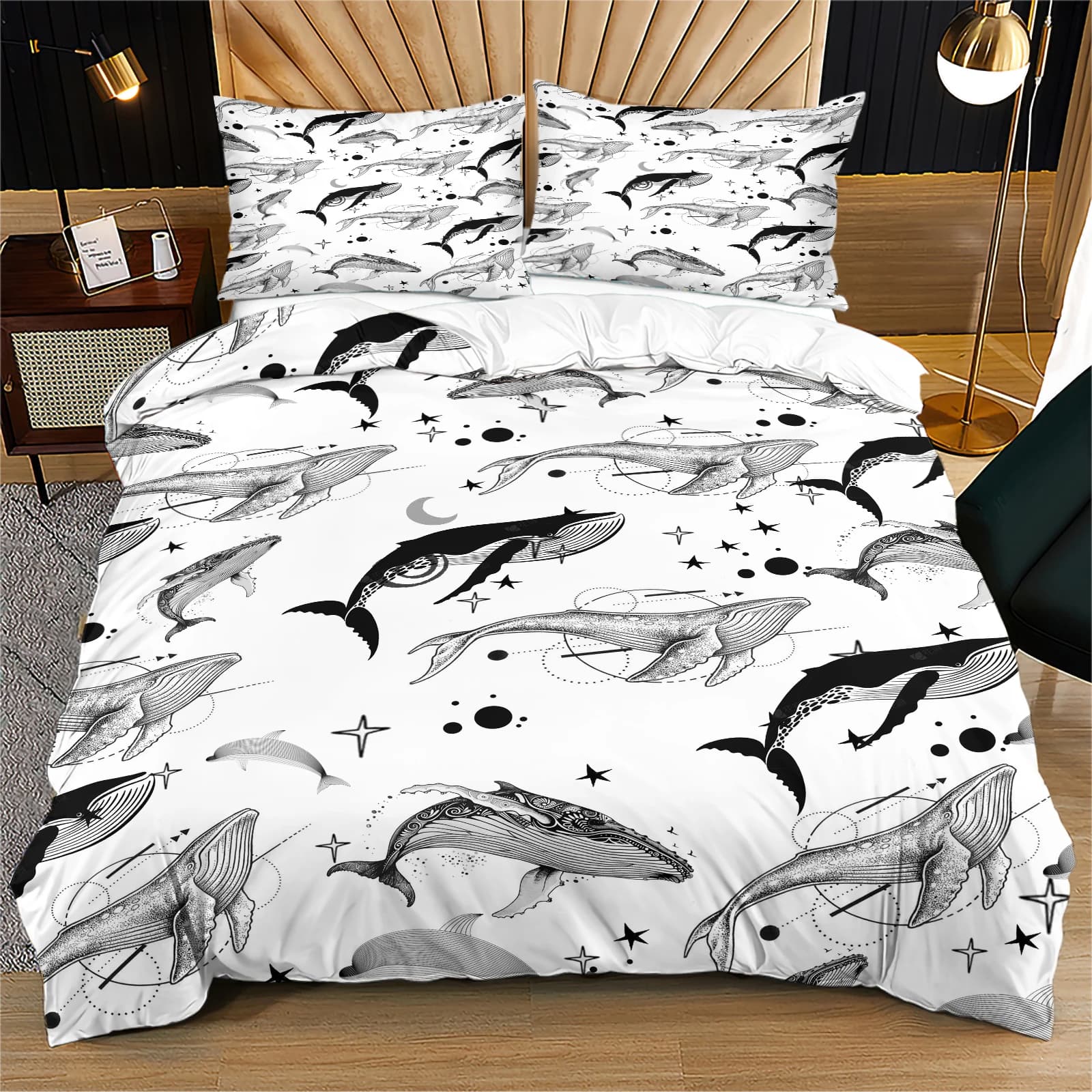 Minimalist Line Art Ocean Whale Celestial Decor Duvet Cover Set 2/3pcs Wrinkle Resistant Neutral Bedding For Teen Boys Dorm