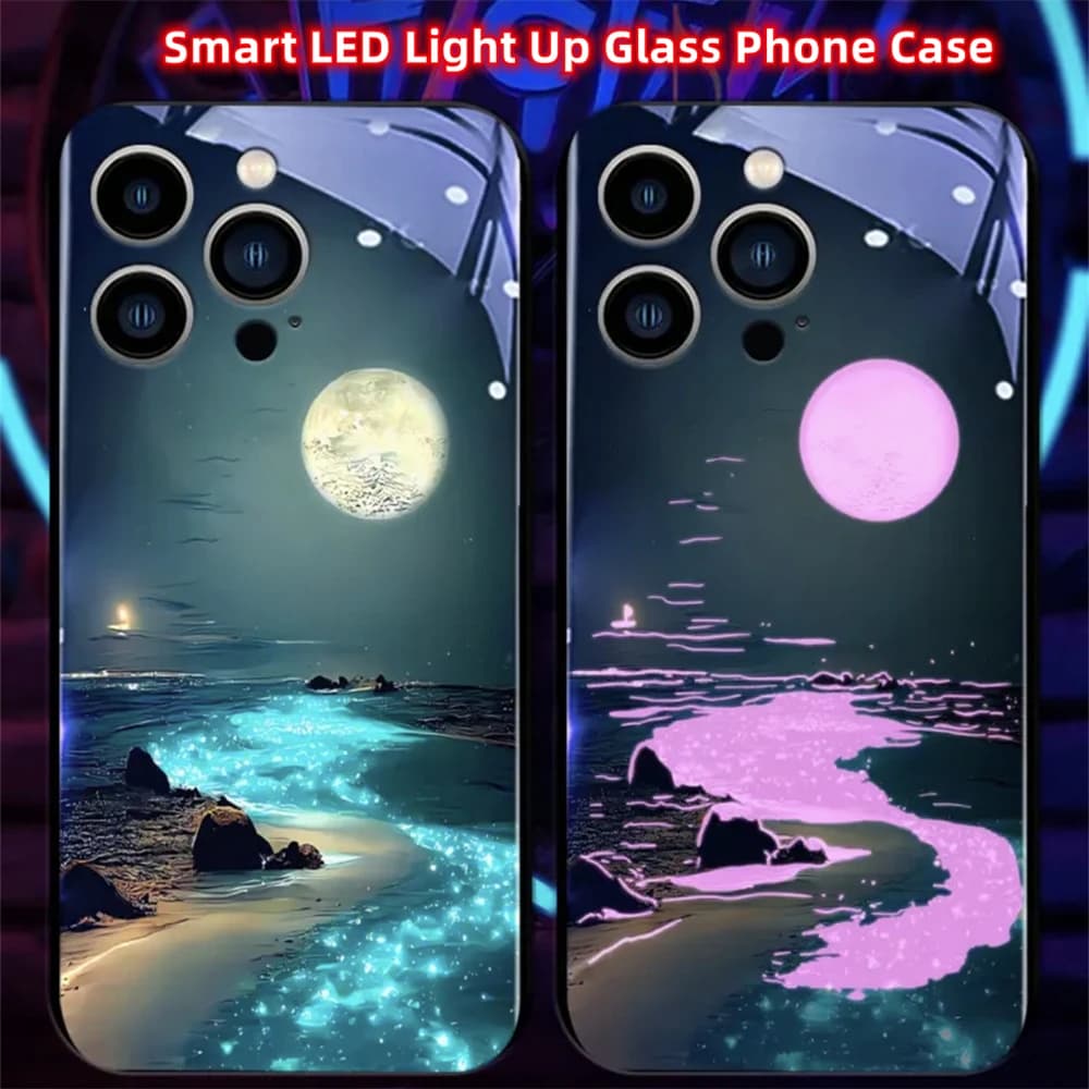 Fluorescent Lunar Sea Design Smart LED Light Glow Tempered Glass Phone Case For iPhone Air 17 16 15 14 13 12 11 Pro Max Plus