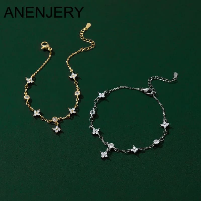 ANENJERY Delicate Zircon Four Leaf Grass Bracelets For Women Chain Bracelet Wedding Desgin Party Jewelry Gifts