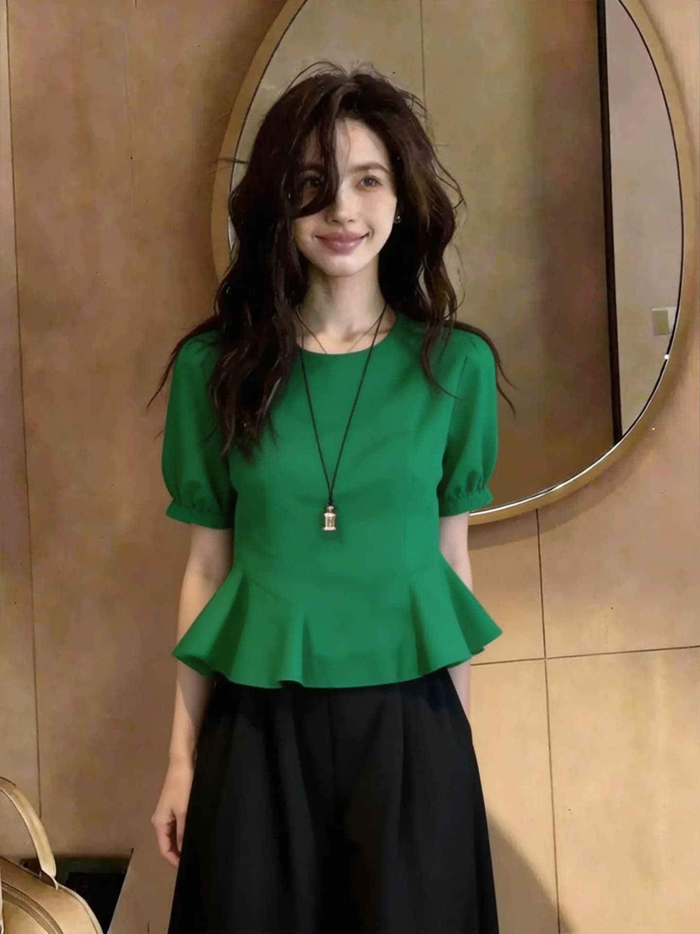 Nuova Camicetta Estiva Verde con Maniche a Bolla, Manica Corta, Stile Coreano, Vita Alta, Floreale, Versatile