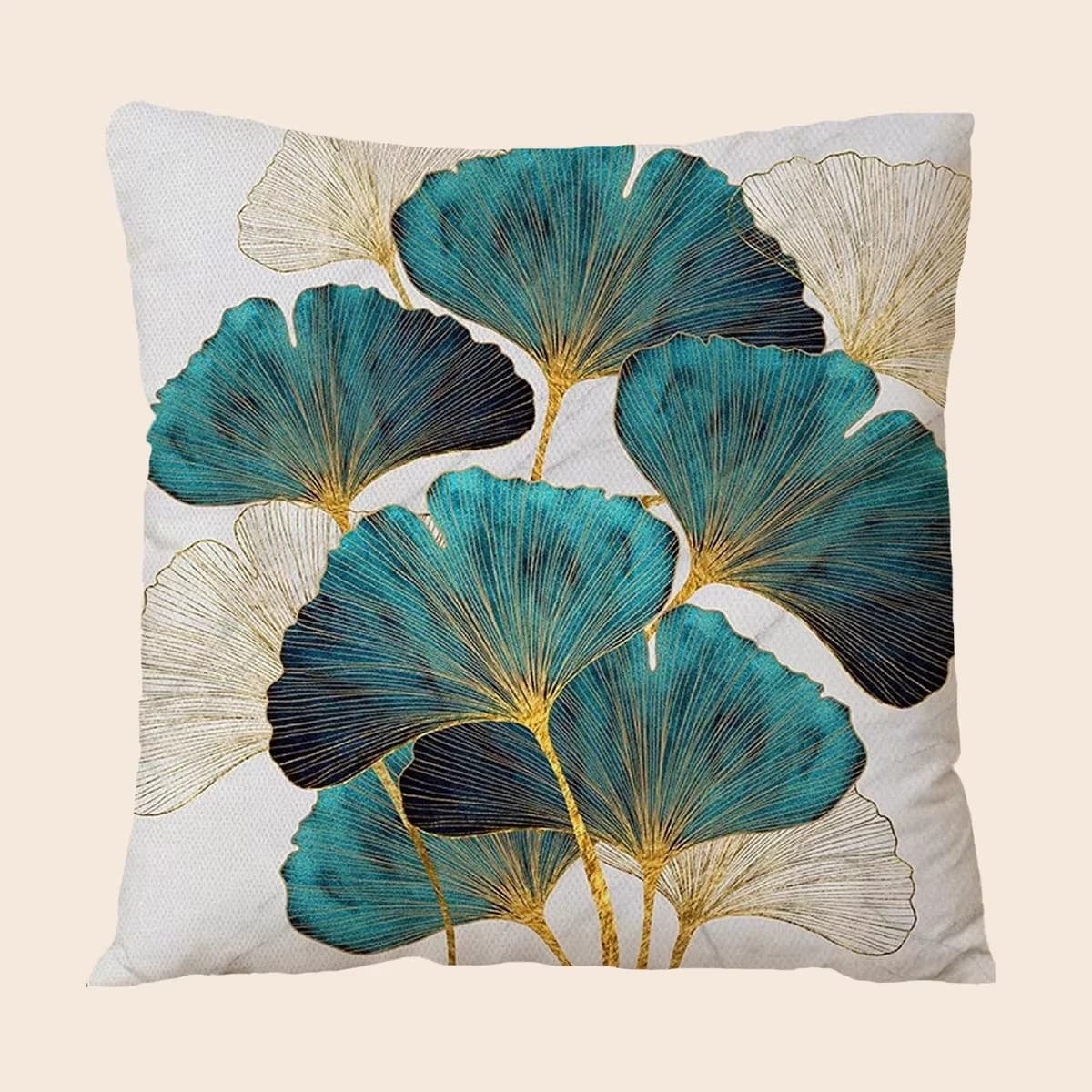 Soft liner for pillow printed with ginkgo leaves, lining for autumn cushion green water white brown gold for sofa living chair
