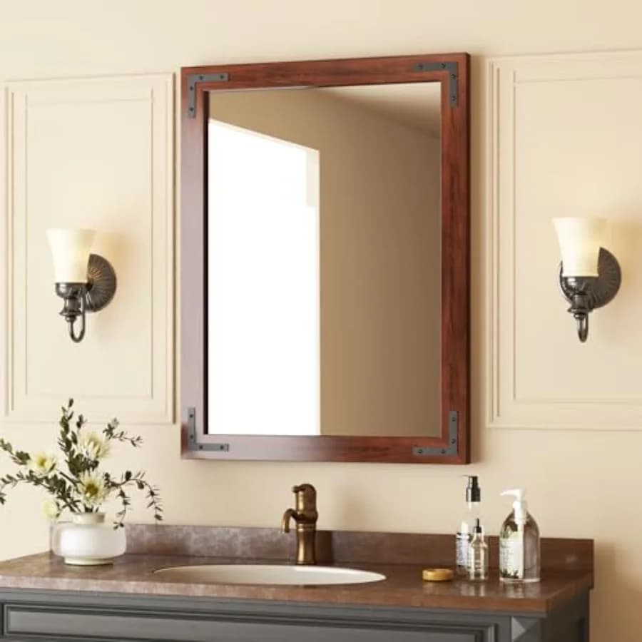 Specchio con Cornice in Legno Rustico 24 x 32 Pollici, Specchio Rettangolare da Parete per Bagno in Legno Marrone Scuro Naturale per Arredamento Stile Fattoria Boho