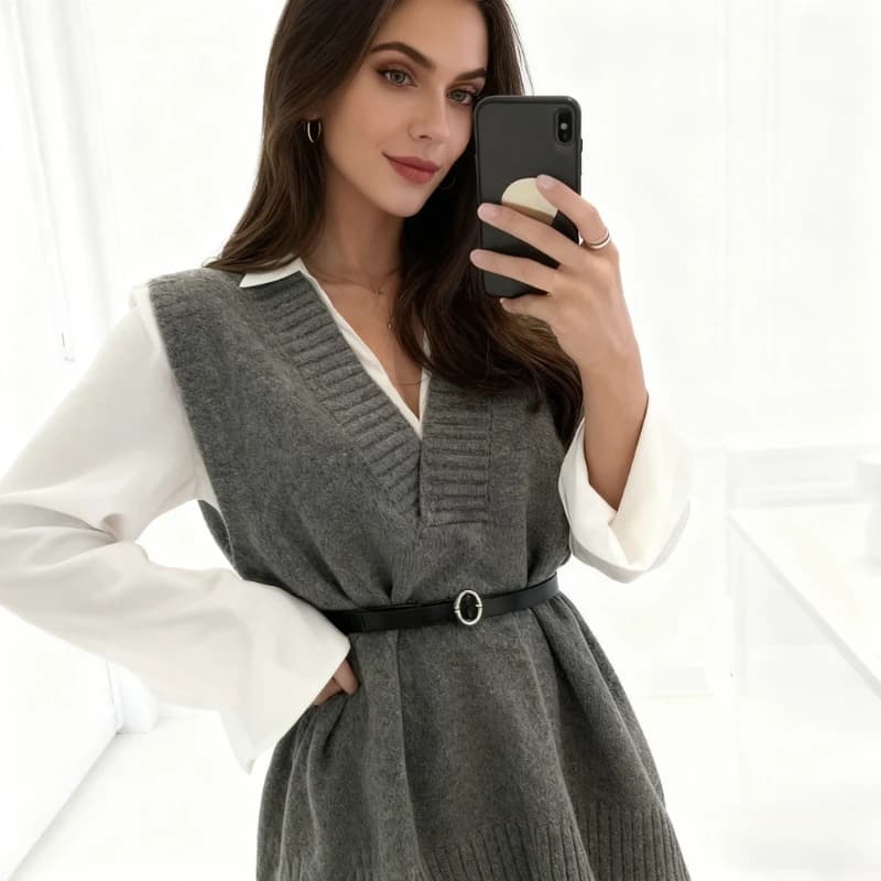 Autumn/Winter New Chic Knitted vest with belt Autumn Winter Vest Solid Sweater Long Sleeveless Knitwear