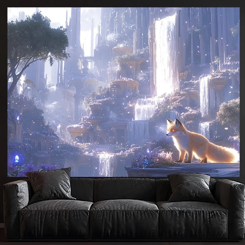 [Office Elegance] Enchanting Fox in Forest Tapestry Wall Hanging - Dreamy Fairy Tale Style, Polyester, Ideal for Living Room, Be