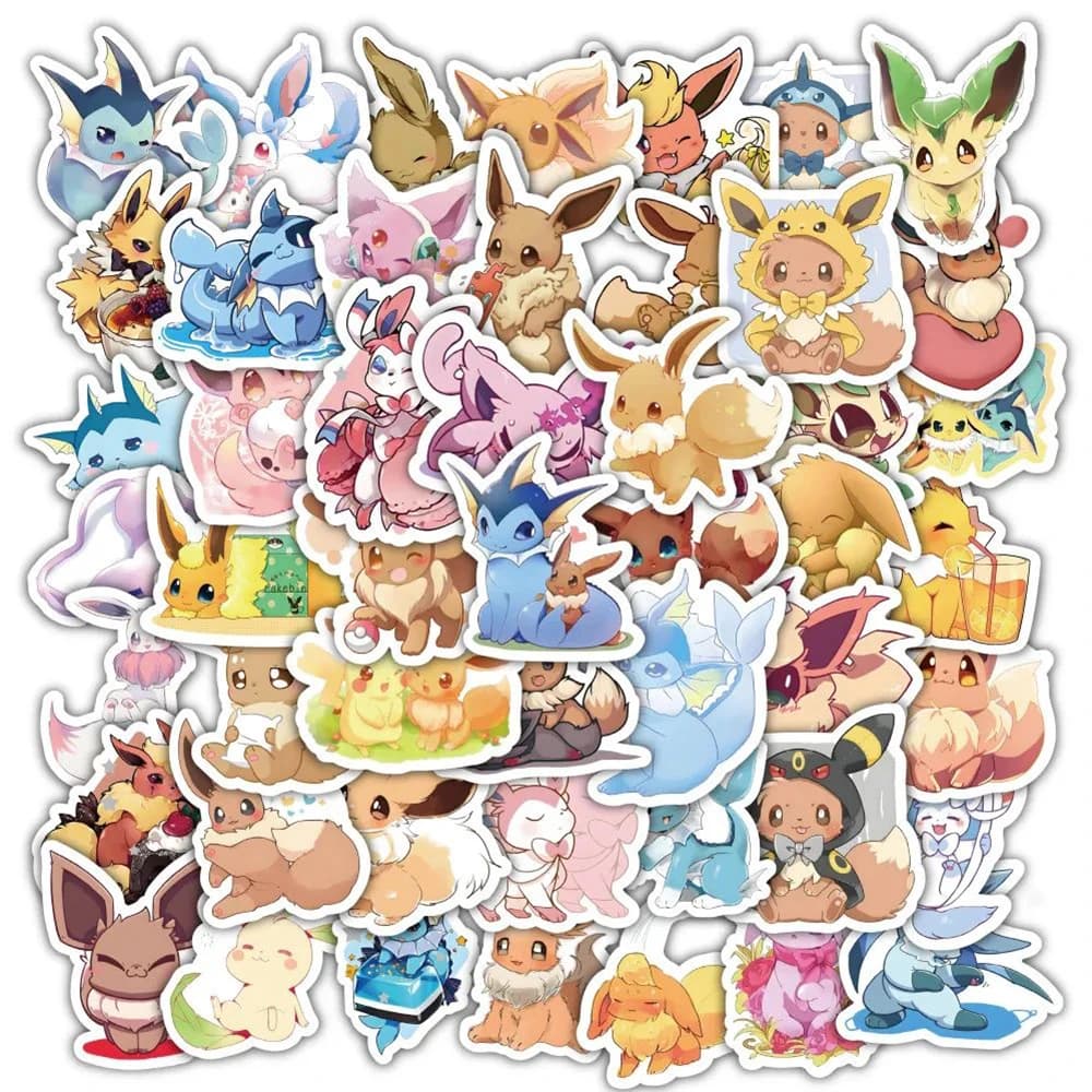 50 Pezzi Adesivi Pokemon Eevee, Simpatici Sticker Anime Cartoon per Laptop, Moto, Scrapbook, Telefono, Impermeabili