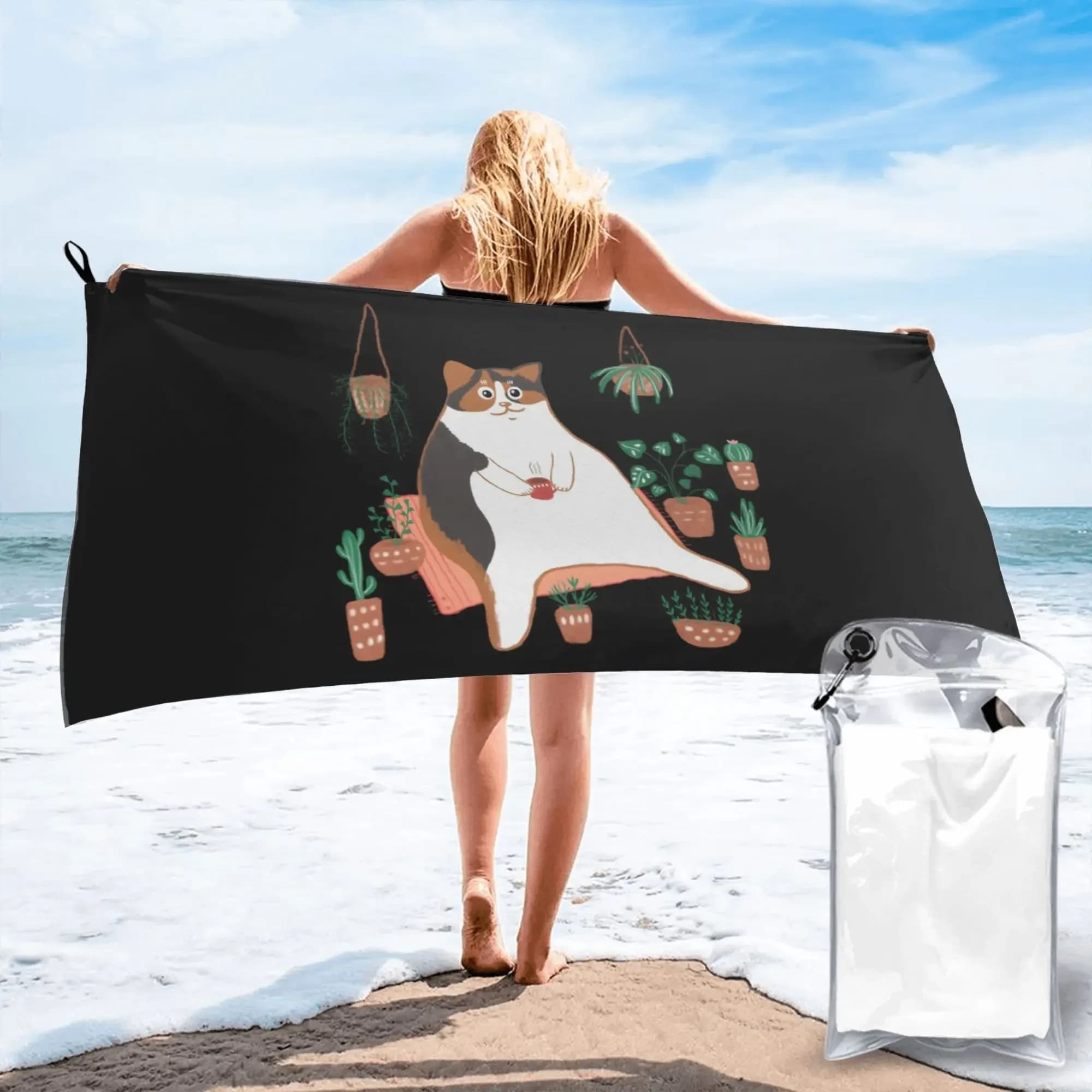 Calico Cat With Pot Plants Cat For Mom Beach Towel Soft Microfiber Quick Dry Absorbent Quick Towels For Yoga