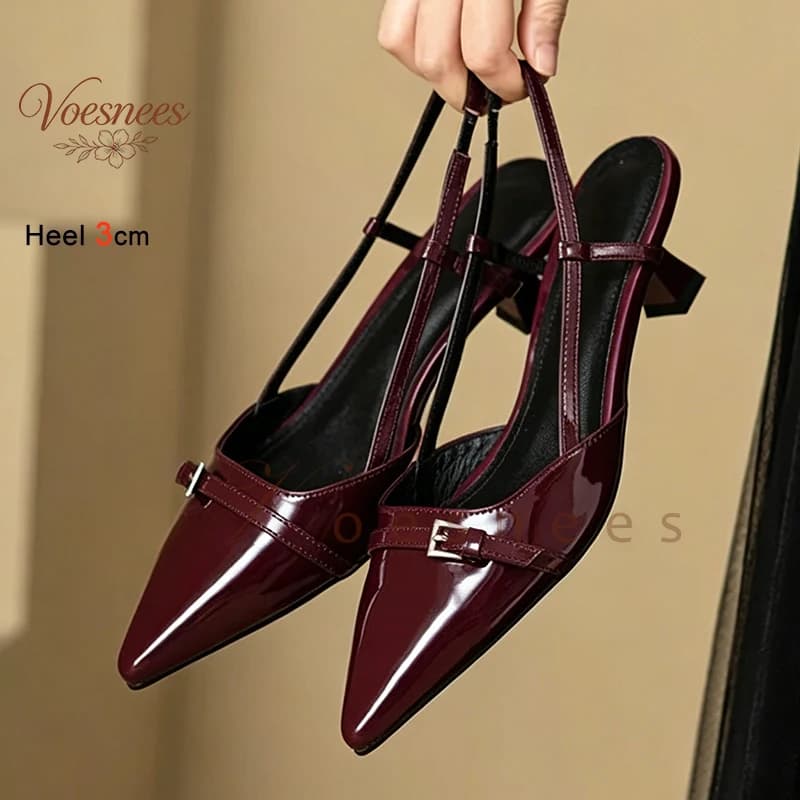 2026 Wine Red Pointed Patent Leather Sandals for Women 3cm Kitten Low Heel Pumps Back Empty Shoes Office Party Fairy Footwear
